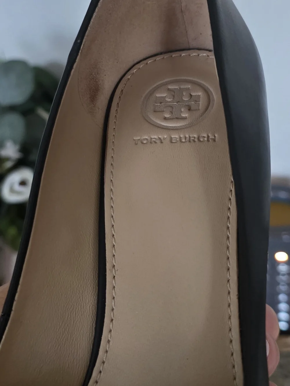 Tory Burch Women's Black Leather Luna 85 MM- Wedges with Gold Emblem. SIZE 8 - Picture 9 of 12